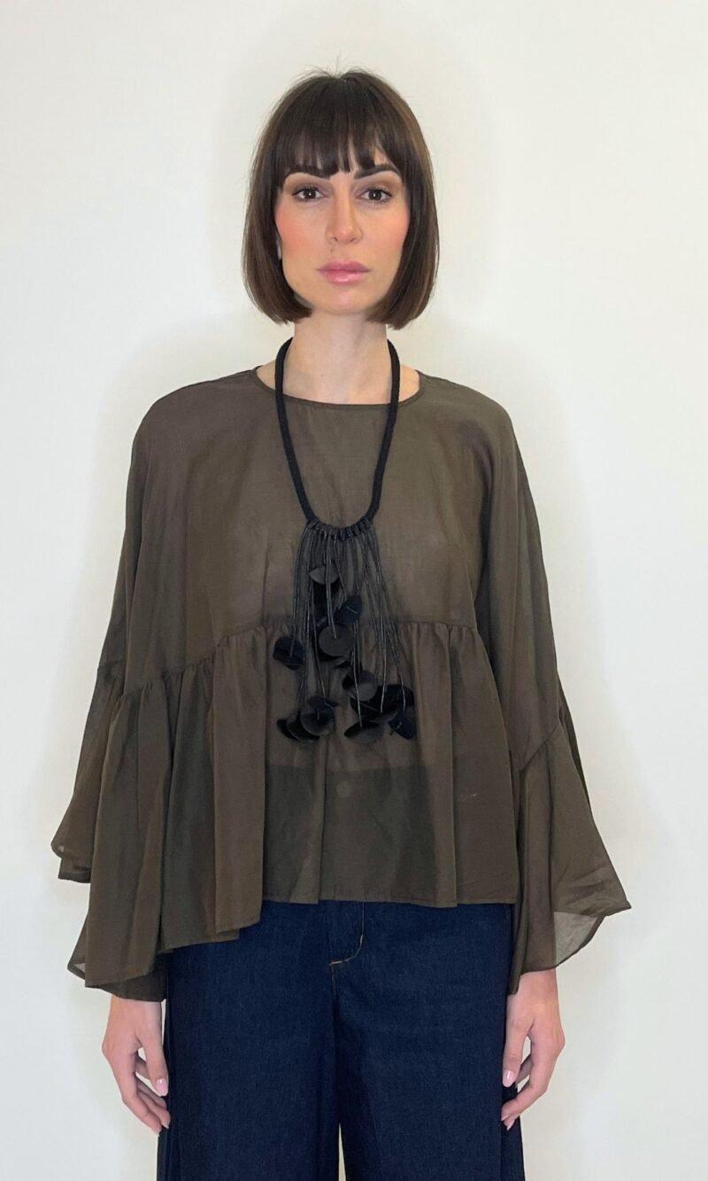 Blusa in cotone colore moro con balza - Souvenir Clubbing